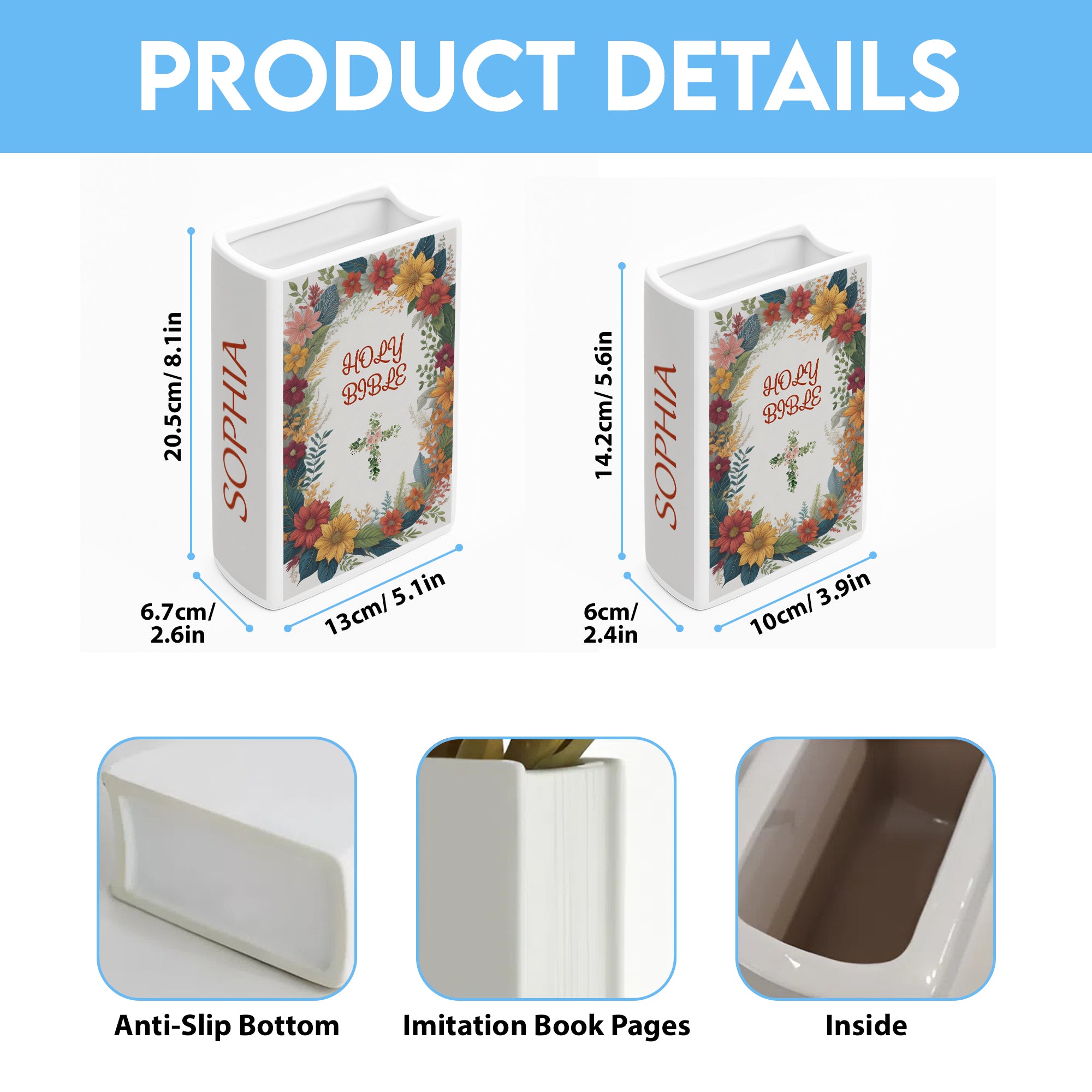 Personalized Ceramic Book Vase with Bible Verse for Faith Decor, Christian Bookshelf Vase, Faith Inspired Shelf Decor CBLAF09